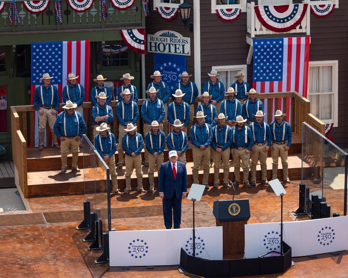 SecretaryBurgum's tweet photo. Over 140 years ago, a New Yorker stepped off a train in Medora. He wasn't yet president, but his journey to greatness began in the Badlands.

Today, another New Yorker leaving an undeniable mark on our country stepped off a train at that very same spot, our 45th and 47th president!

It was an honor to welcome @POTUS today to @TRPresLibrary!