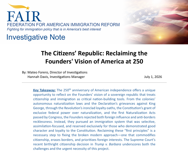 Mateo_F's tweet photo. 🇺🇸 On the eve of the 250th anniversary of American independence (and just one day after the Supreme Court’s birthright citizenship ruling in Trump v. Barbara) I’m proud to share the release of @FAIRImmigration 's latest Investigative Note, The Citizens’ Republic: Reclaiming the Founders' Vision of America at 250 (which I co-authored with @ImmigrationHD). Thread 1/5 👇