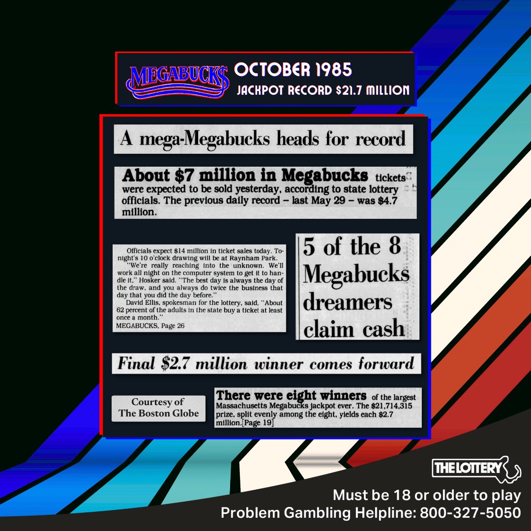 MAStateLottery's tweet photo. Who remembers the highest Megabucks jackpot of all time being won in 1985?๐คฏ If you missed it back then, maybe tonight's $21.6 jackpot is your chance to make history!
#MassLottery
#Lottery
#Megabucks
#Jackpot
#Local
#WickedLocal
#PlayLocal
#ShopLocalMA
#Massachusetts https://t.co/tjFnug55hT