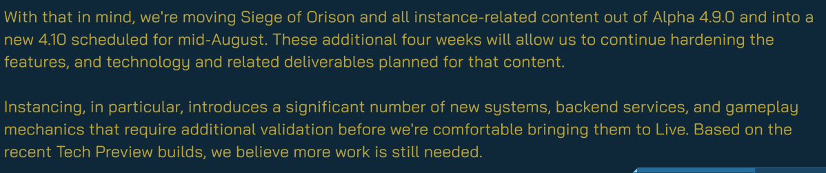 itsdtox's tweet photo. Siege of Orison, Super Heavy Armor, Instancing and some other 4.9 changes pushed to 4.10 in Mid August. Great decision in my opinion. Game is unplayable in many ways right now, I'm personally burning out. This is a good, sensible decision. Good jarb @RobertsSpaceInd 👍 https://t.co/SWDokTrHVs