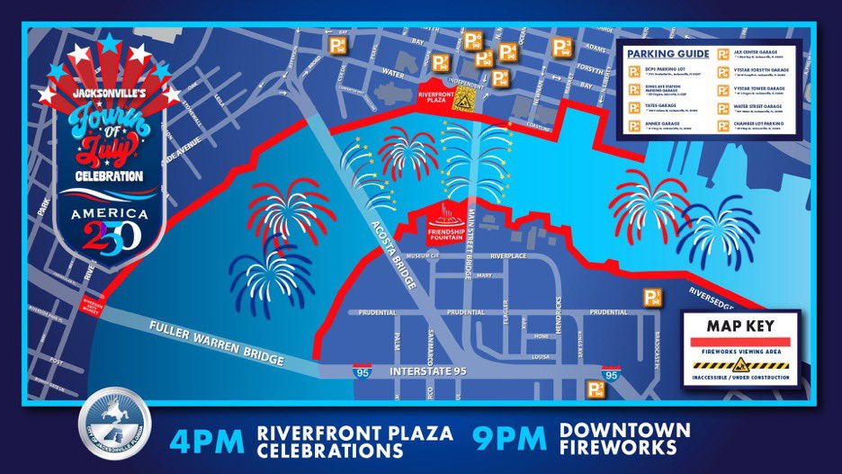 MayorDeegan's tweet photo. We’re gonna have a huge party along the riverfront this weekend, marking not just the 4th of July, but America’s 250th birthday. It's going to have a celebration like you’ve never seen on both sides of the river, including the largest Fourth of July fireworks show in Jacksonville history! Also, all of the festivities happening over this holiday weekend are free, family fun for everyone to enjoy.
 
Go to https://t.co/OgeAAIo1XM for more information on July 3rd events.

Go to https://t.co/09bRxSPdI1 for complete information on July 4th events, including parking, viewing areas, road closures, and more.