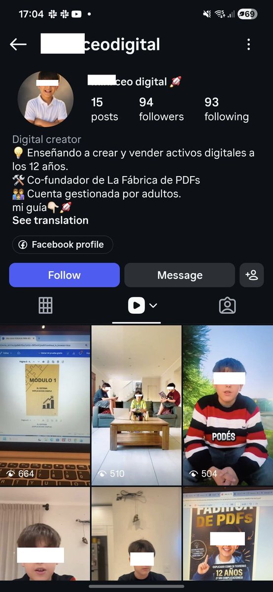 maxifirtman's tweet photo. Adultos: revisen qué hacen sus niños en redes sociales. 

No son "pibes emprendedores": son niños que repiten las recetas de los ponzibros mayores que ven en redes y venden ilusiones.

Para tener cuenta de IG hay que tener 13 años pero este chico que dice tener 12 te vende la mentoría para ser exitoso vendiendo ebooks que hacés con IA (herramienta que tampoco debería usar según las reglas de los proveedores).