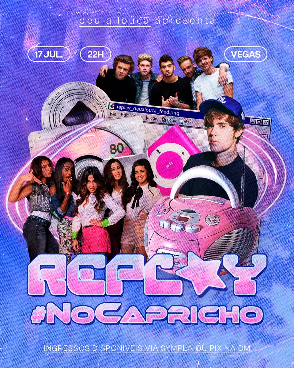 deualouc4's tweet photo. 1D, Justin Bieber e Fifth Harmony nos sets de todos os djs?
Sim! Na edição #NoCapricho da 𝘙𝘌𝘗𝘓★𝘠, a festa nostálgica favorita de vocês!

⭐ Replay #NoCapricho
📆 17.07
📍VEGAS

🎟️: https://t.co/UB8Y8hUBQZ (sem taxa via pix na dm) https://t.co/kR7PduGX9D
