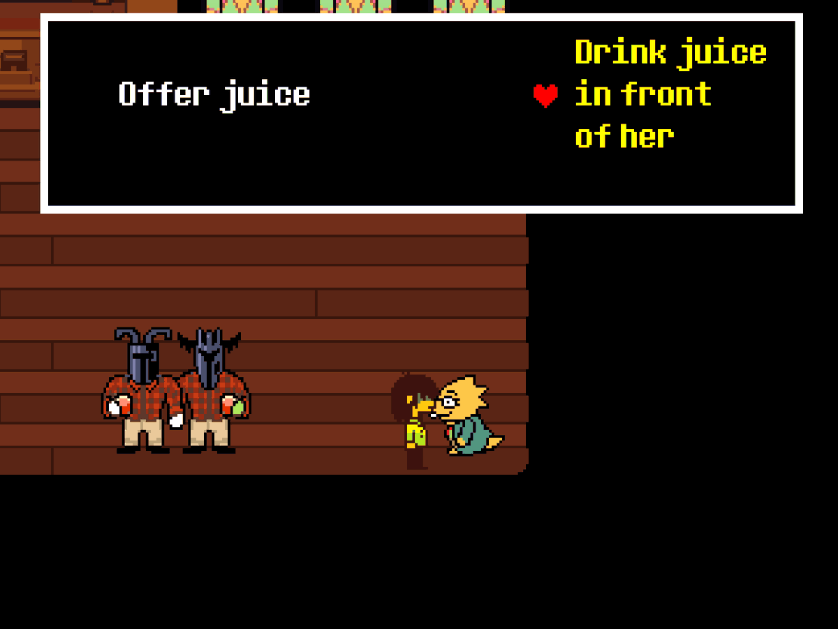 aceofdarts68's tweet photo. Choosing this option here not because I hate Alphys but because Kris needs to stay hydrated, 100% all meal options taken route #deltarune https://t.co/6ln4NbCXcR