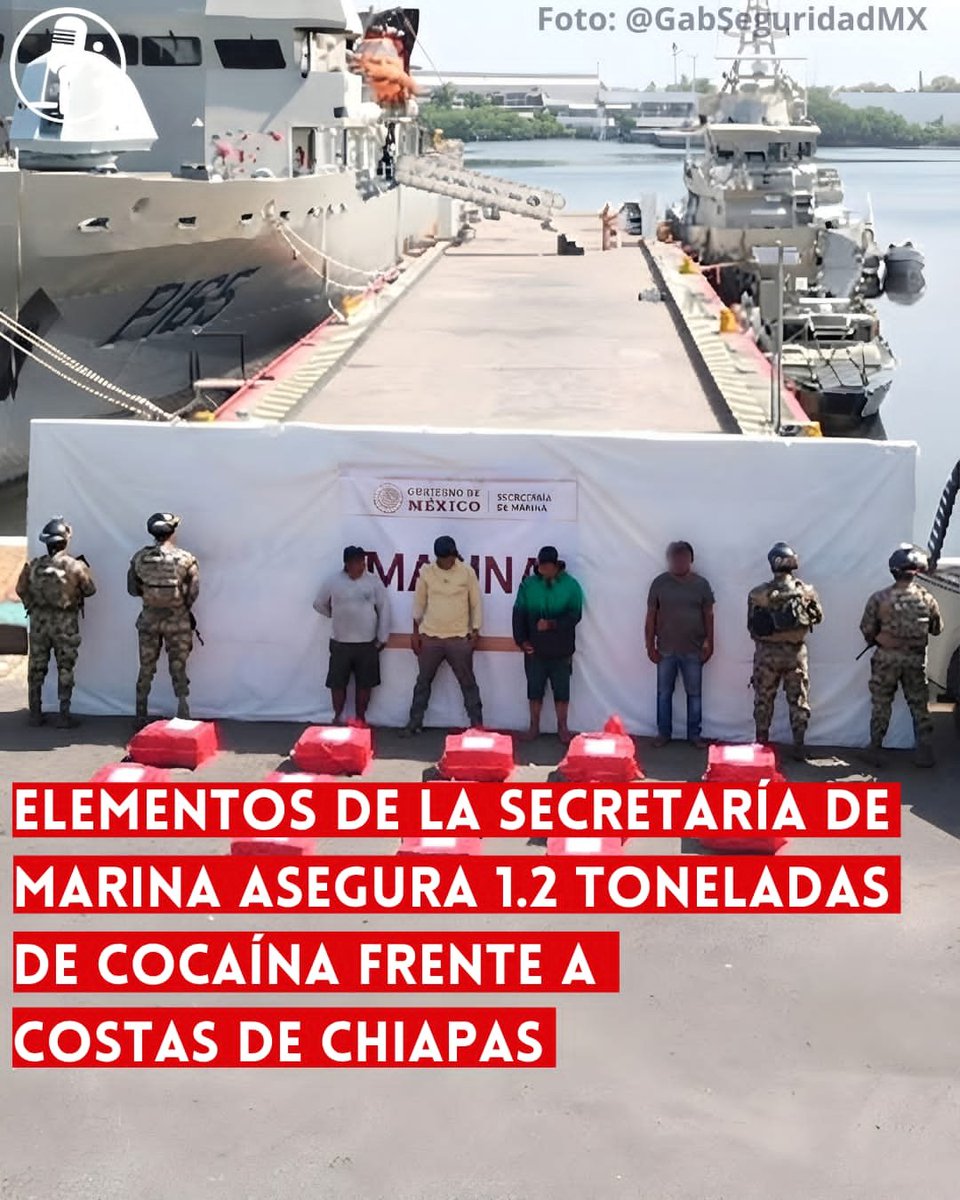ReporterosMX_'s tweet photo. ⭕ OJO | ELEMENTOS DE LA SECRETARÍA DE MARINA ASEGURA 1.2 TONELADAS DE COCAÍNA FRENTE A COSTAS DE CHIAPAS 

Marina (@SEMAR_mx) asegura 1.2 toneladas de cocaína y detiene a 8 personas frente a costas de Chiapas, en coordinación con SSPC (@SSPCMexico) y FGR (@FGRMexico). Con este golpe se evitó que 2.4 millones de dosis llegaran a la población. La Marina suma 74 toneladas aseguradas en esta administración. https://t.co/FTxWXi0VT1
