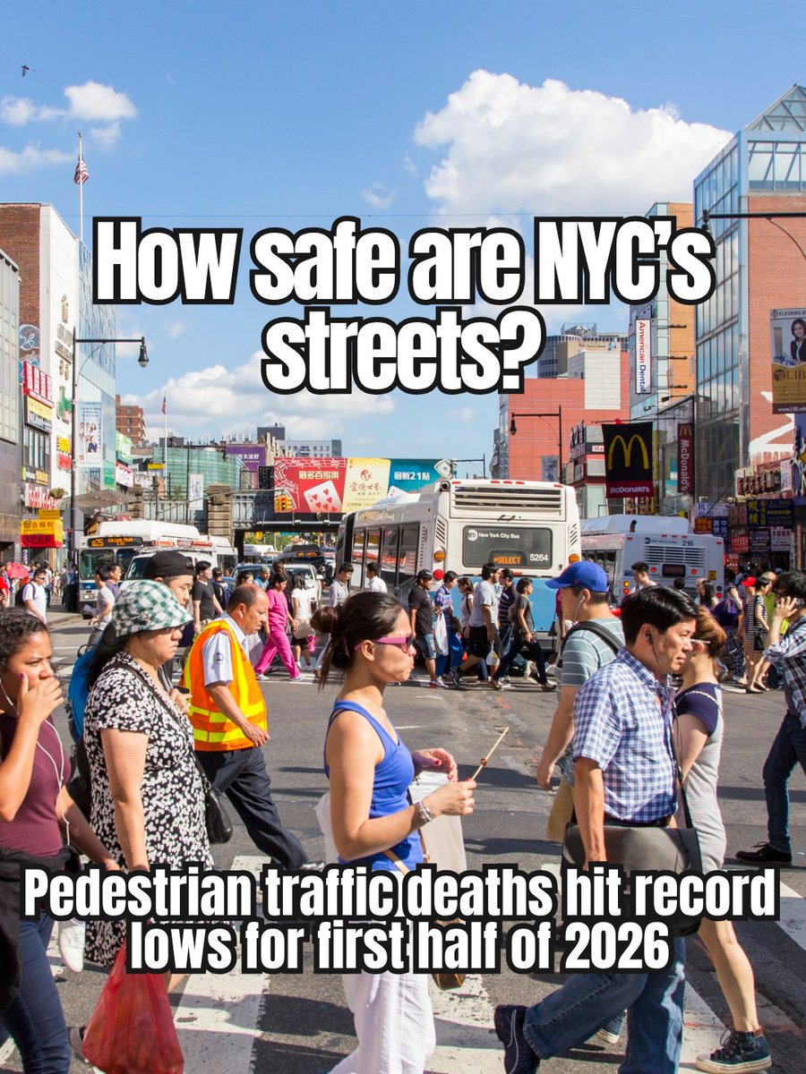 NYC_DOT's tweet photo. Vision Zero Update: Pedestrian Deaths at Historic Low.

The data is in for the first half of 2026 and safer street designs, targeted traffic enforcement, and expanded public education are working. Overall, 2026 is the fifth safest year on record. https://t.co/wgJRBnkrtU