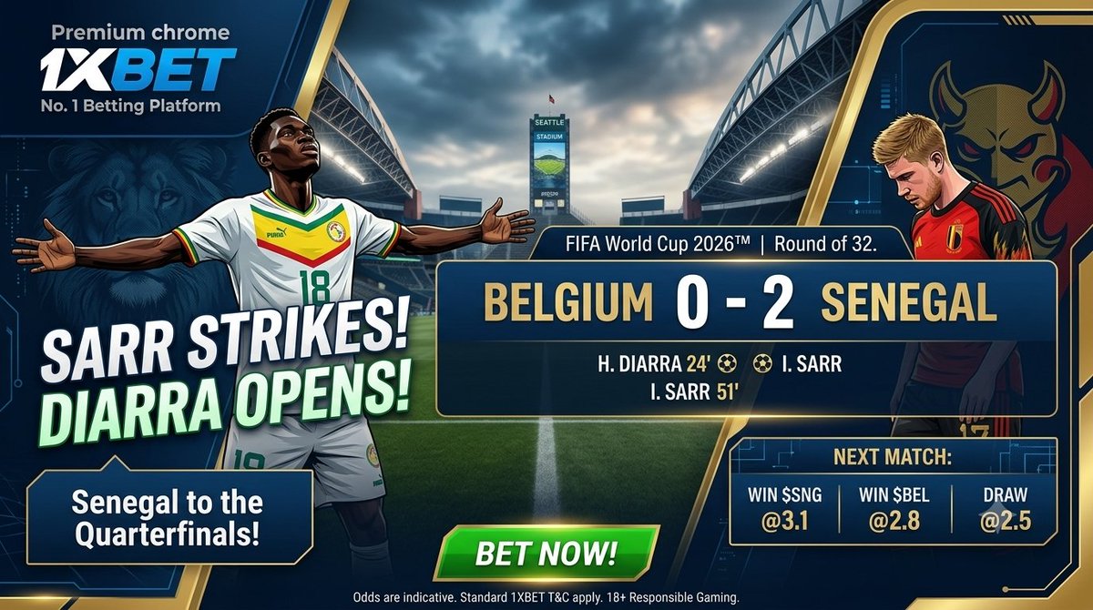canivalsbbl's tweet photo. SENEGAL DOES IT AGAIN! 🇸🇳🦁 A masterclass performance from the Teranga Lions leaves Belgium stunned! Diarra sets the tone and Sarr seals the deal to clear the path straight to the Quarterfinals! 🏆⚽
​Want to turn big matches into big wins? Double your first deposit and get the best odds on the market right now!
​📲 Use Promo Code: TALIMO to claim your exclusive bonus on 1XBET! 💥💰"