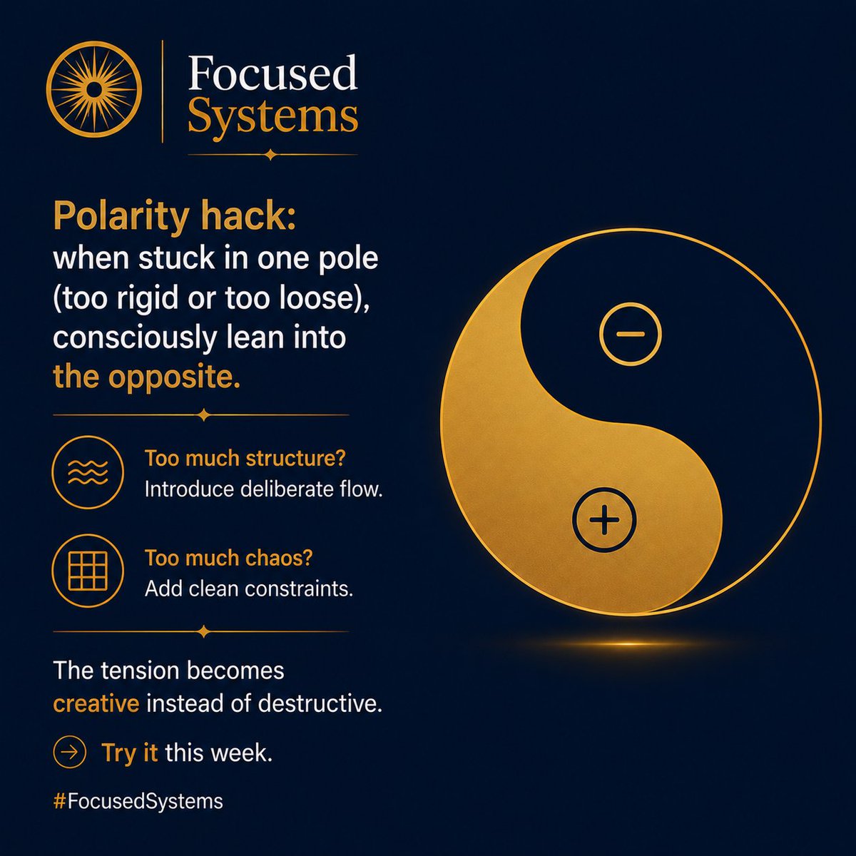 reppingalpha's tweet photo. Polarity hack: when stuck in one pole (too rigid or too loose), consciously lean into the opposite. Too much structure? Introduce deliberate flow. Too much chaos? Add clean constraints. The tension becomes creative instead of destructive. Try it this week. #FocusedSystems #MasterYourMind #MasterYourMarket