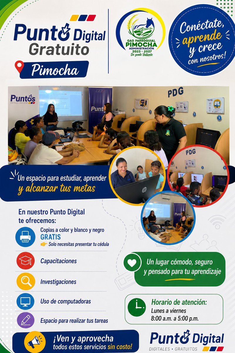 LOSRIOS_PIMOCHA's tweet photo. 📷Los Puntos Digitales Gratuitos son espacios de participación para toda la ciudadanía, garantizando el acceso a las Tecnologías de la Información y Comunicación, a través de dispositivos tecnológicos e internet.
📷Visítanos y se parte de las nuevas tecnologías.📷 https://t.co/P3w8I3AxN9