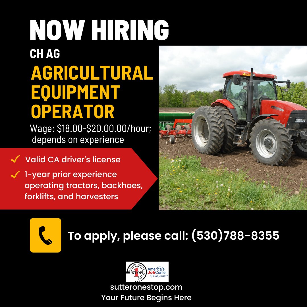 sutteronestop's tweet photo. CH AG is hiring a full-time Agricultural Equipment Operator.
· A minimum of 1-year of experience operating tractors, backhoes, forklifts, and harvesters. Must have experience with all of these types of equipment.
To apply, call (530) 788-8355
#Jobs #SutterCountyOneStop #Ag https://t.co/joDMLDQSBT