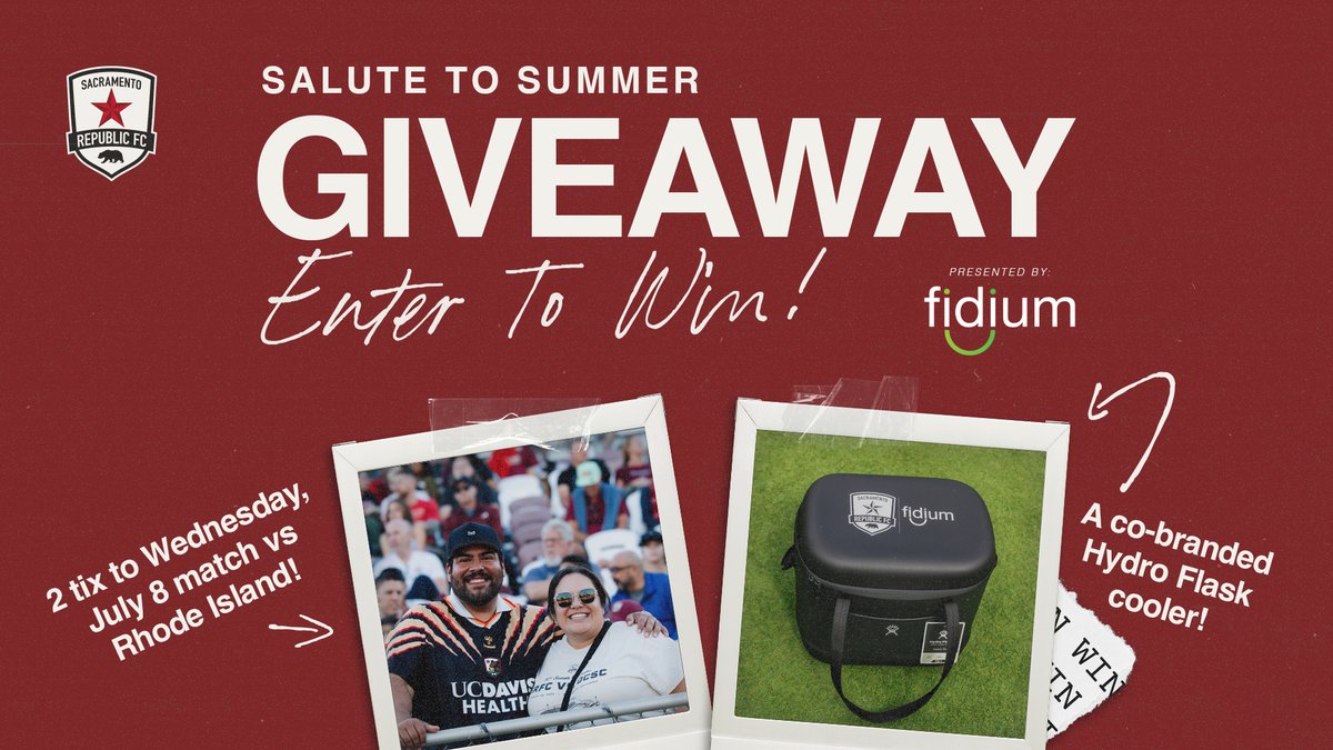 SacRepublicFC's tweet photo. Salute to Summer Giveaway! ☀️⚽

Sac Republic FC has teamed up with Fidium Fiber to give away 2 tickets to the match on Wednesday, July 8 vs Rhode Island + a co-branded Hydro Flask cooler!

Enter now! - https://t.co/3hJDERi9Jm https://t.co/EpwErWIgFI