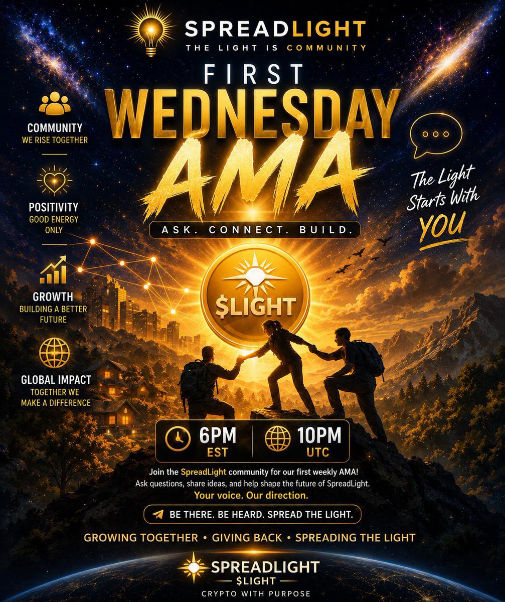 SpreadLight_io's tweet photo. Join us for our first-ever SpreadLight Wednesday AMA! 

Got questions? We’ve got answers. Connect with the team, share your ideas, and be part of building the future of $LIGHT.

🗓️ Wednesday
🕕 6 PM EST | 🌍 10 PM UTC

Be there. Be heard. Spread the Light. ✨

#SpreadLight #LIGHT #AMA #CryptoWithPurpose #web3