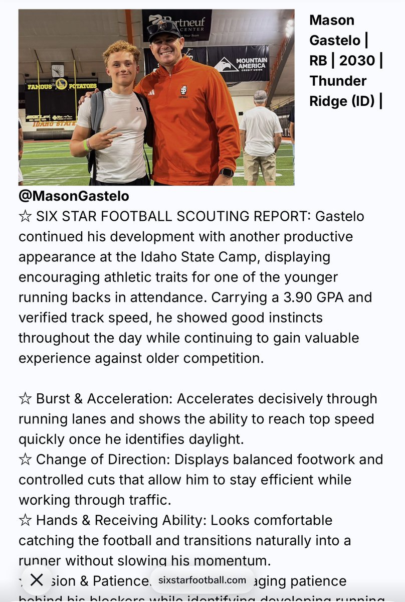 MasonGastelo's tweet photo. Closing up camp season! Two more for me. I will be going to @BengalGridiron again later this month to compete! Thank you again @sixstarfootball for the write up. 
@CodyHawkins @CoachJT_ISU @gnduff https://t.co/M2339ByrKh