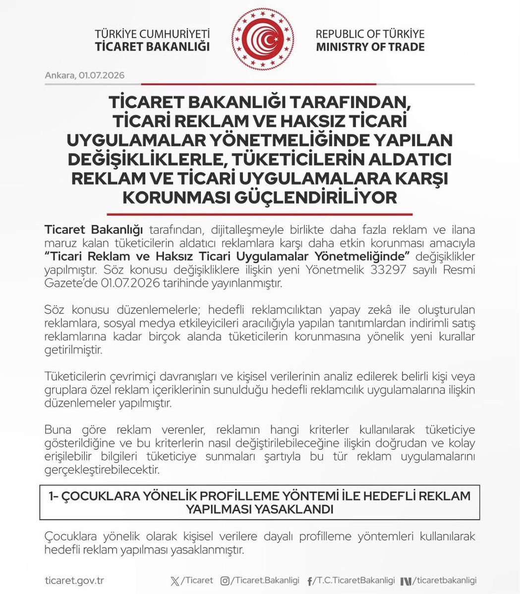 sefaaydincom's tweet photo. Reklamdaki kişi gerçek mi, yapay zeka mı? Artık söylemek ZORUNDALAR.

Ticaret Bakanlığı’nın yeni düzenlemesi:

✅ AI ile üretilen karakterler açıkça belirtilecek
❌ Gerçek kişilerin AI kopyası “ürünü denedim” diyemeyecek

Şeffaf reklam dönemi başlıyor. https://t.co/mkIp2EOJhY