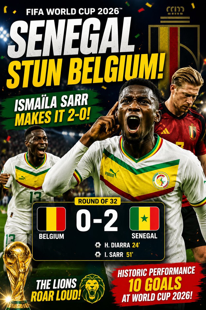 WasimPicasso's tweet photo. Senegal are on the verge of a historic upset! 🦁🇸🇳 Habib Diarra opened the scoring before Ismaïla Sarr made it 2-0, leaving Belgium with a mountain to climb. Can the Lions of Teranga finish the job and reach the Round of 16? 🌍⚽

#WorldCup2026 #Senegal #FIFAWorldCup https://t.co/F7ANRwelDu