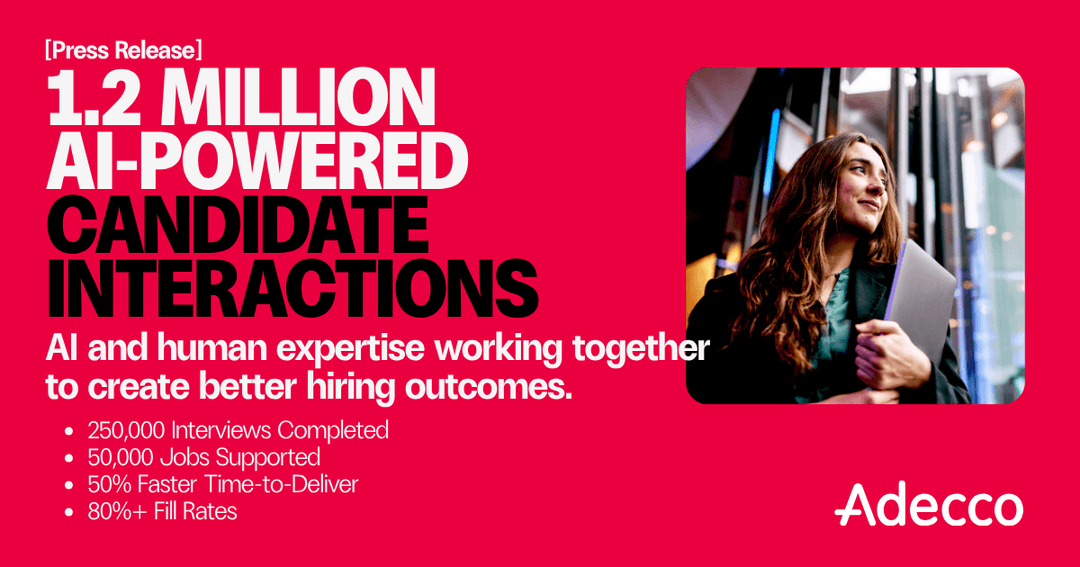 PaulD824's tweet photo. Exciting milestone for Adecco as we surpass 1 million AI-powered candidate interactions across our global network!

To date, we’ve delivered over 1.2 million candidate-agent interactions, supported 50,000 jobs, and completed more than 250,000 interviews across 10… https://t.co/oq0pNHjUKQ