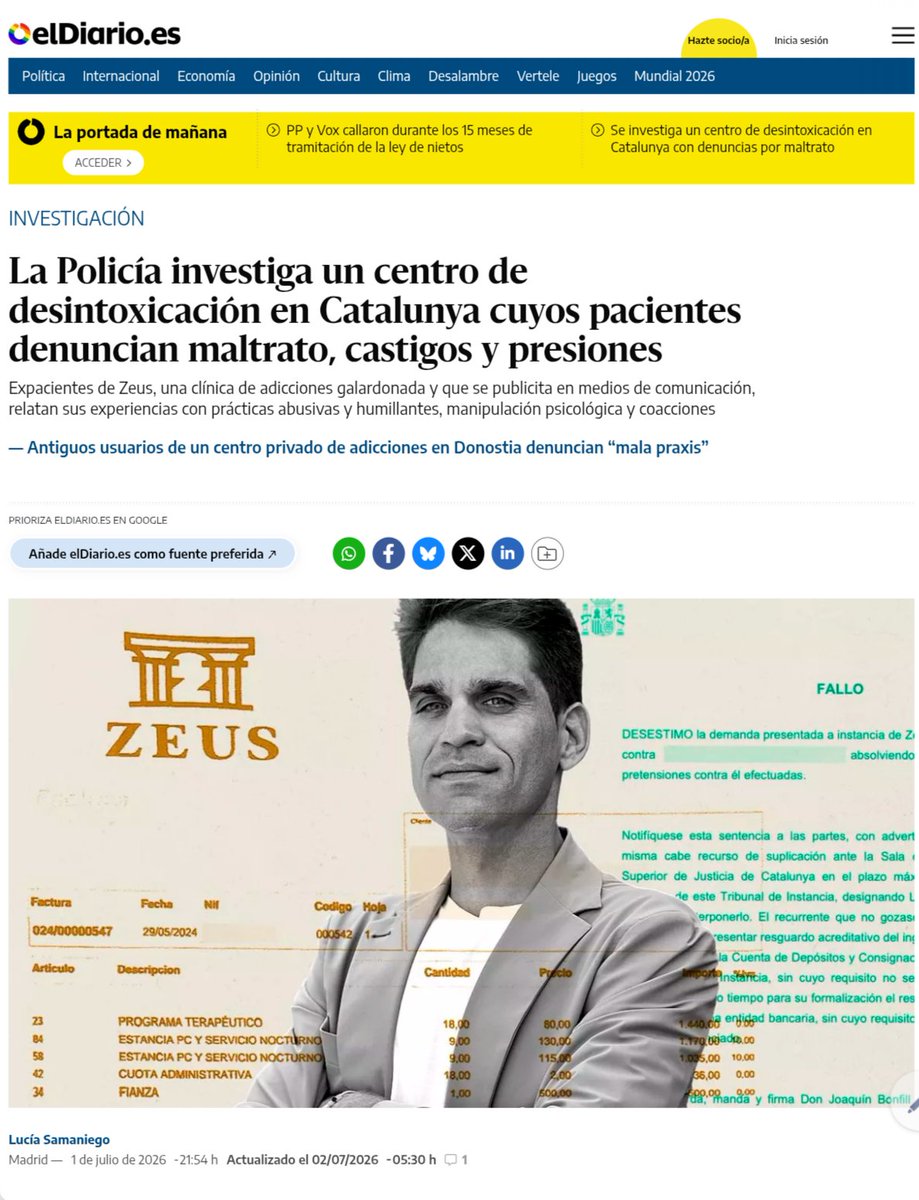 redunecontacto's tweet photo. 🔥Centro Zeus, Cataluña: La Policía investiga un centro de desintoxicación en Catalunya cuyos pacientes denuncian maltrato, castigos y presiones
#investigación 
01 julio 2026
https://t.co/dHBfFTZaPa

Fuente
https://t.co/YeUsMhogE0 https://t.co/HbTpE0c5MY