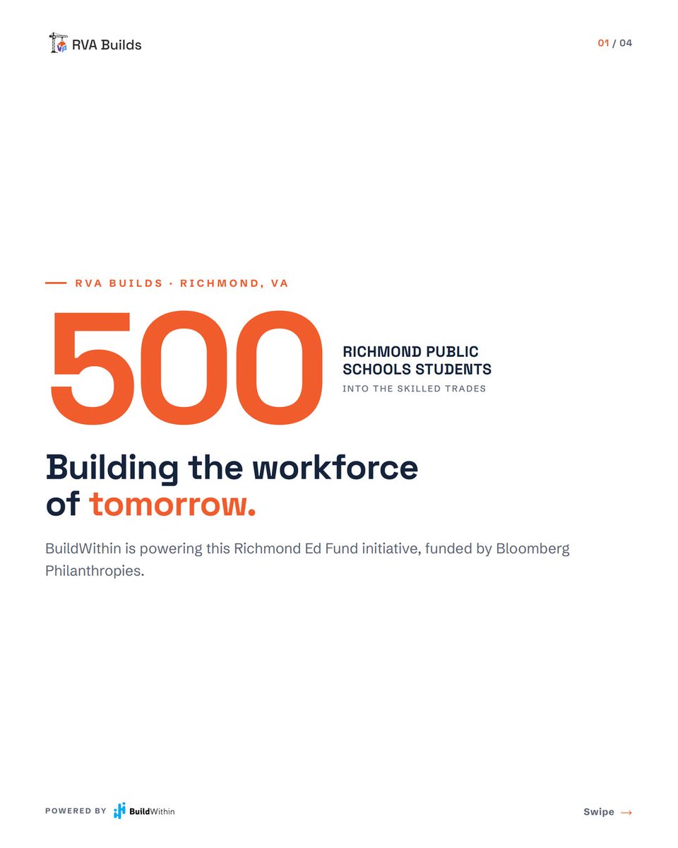 JoinBuildwithin's tweet photo. 500 Richmond students. One clear path into the skilled trades.
BuildWithin is proud to power #RVABuilds, a new initiative led by Richmond Ed Fund and backed by Bloomberg Philanthropies.
Together, we're helping connect students to paid work-based learning and Registered Apprenticeships that lead to long-term careers.
Learn more: https://t.co/bDkS01Ll6d
#BuildWithin #FutureOfWork #WorkforceDevelopment #SkilledTrades