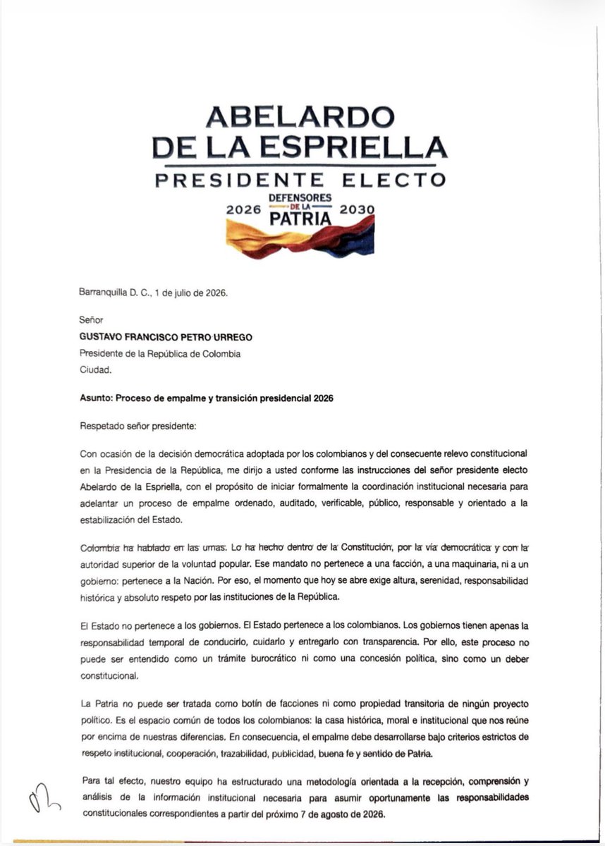 SofyCasas_'s tweet photo. Este es el documento con el que el vicepresidente electo José Manuel Restrepo @jrestrp solicitó a @petrogustavo instalar de manera inmediata el proceso formal de empalme entre el Gobierno saliente y el Gobierno entrante. La comunicación propone una transición pública, verificable y auditada, designa al vicepresidente electo como canal institucional permanente del proceso e invita a la Procuraduría y a la Contraloría a acompañar el empalme desde sus funciones preventivas.