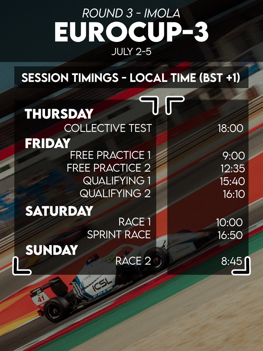 AlexPowellNews's tweet photo. ⏰ Hope everyone’s recovered from Portimao because we’re back racing! Here are the timings for Eurocup-3 at Imola this weekend 🔥 https://t.co/RPkYpG67qU