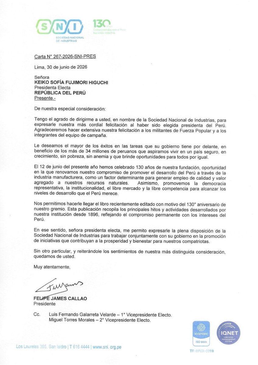 SNIndustrias's tweet photo. La Sociedad Nacional de Industrias expresa sus felicitaciones a la presidenta electa del Perú, @KeikoFujimori , y le desea los mayores éxitos en la importante tarea de conducir el país. 👏🇵🇪

Como gremio que representa al sector industrial peruano desde hace 130 años, reafirmamos nuestra disposición de contribuir, desde la #industria, a la promoción de iniciativas que impulsen el #desarrollo productivo, la generación de empleo, la #inversión y el bienestar de todos los peruanos.

#sni #industrias #industriaperuana