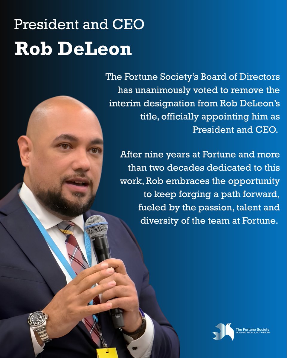 thefortunesoc's tweet photo. Rob DeLeon is deeply honored to lead The Fortune Society, which stands as a beacon of hope and transformation.

Rob regards it as an honor to continue the vision that David Rothenberg set forth six decades ago to build, empower and transform thousands of lives. Together, we eagerly anticipate the journey ahead, united with the team at The Fortune Society to drive lasting change and continue to serve Fortune’s mission.
https://t.co/Wm0jSUFtpX