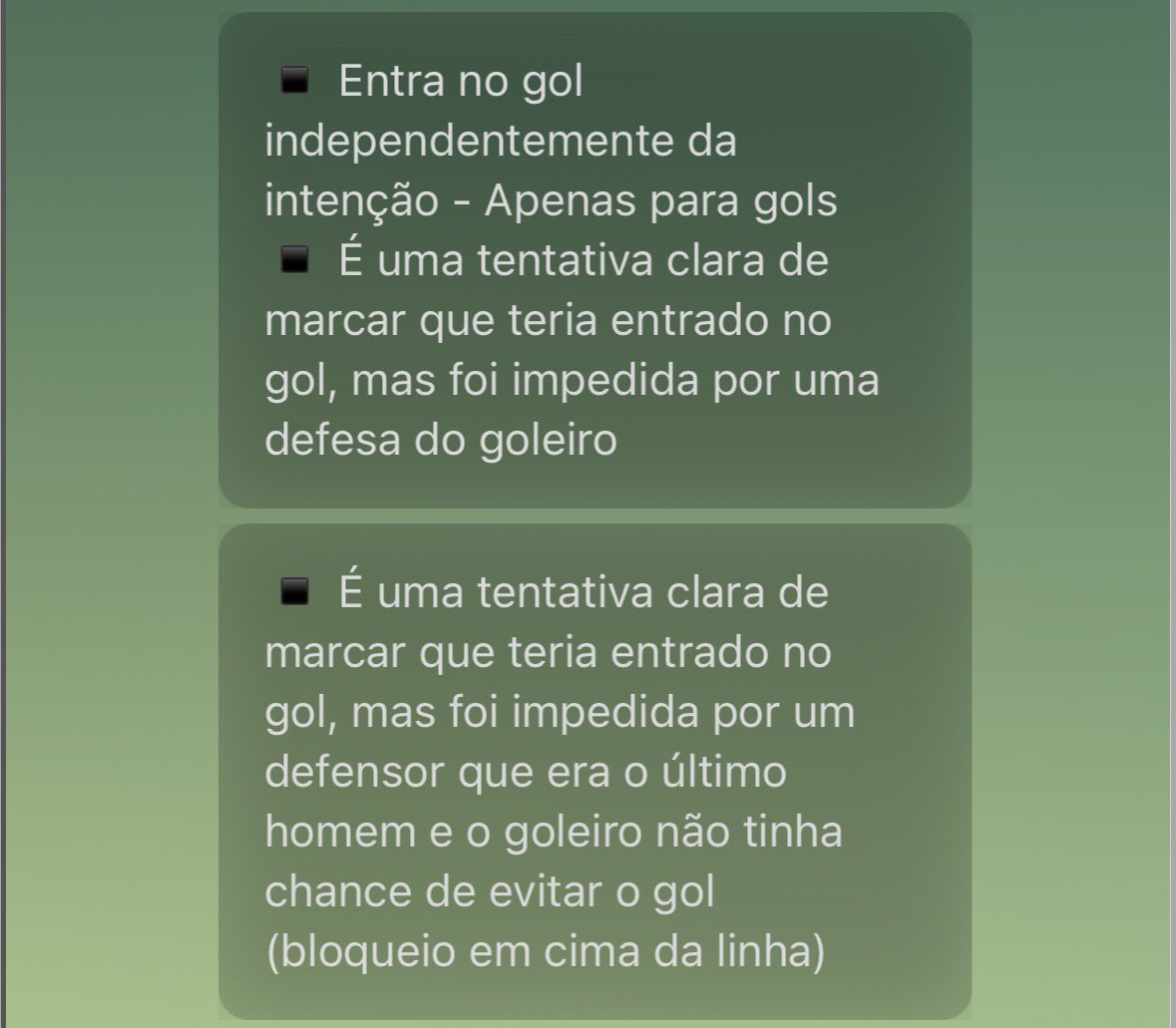 raulpts's tweet photo. fui pro chat e eles simplesmente mudaram o que valia antes, agora a bola tem que ir em direção ao gol pra contar o chute ao gol, faz sentido, mas bizarro a mudança sem explicação alguma https://t.co/irkHanw9VJ
