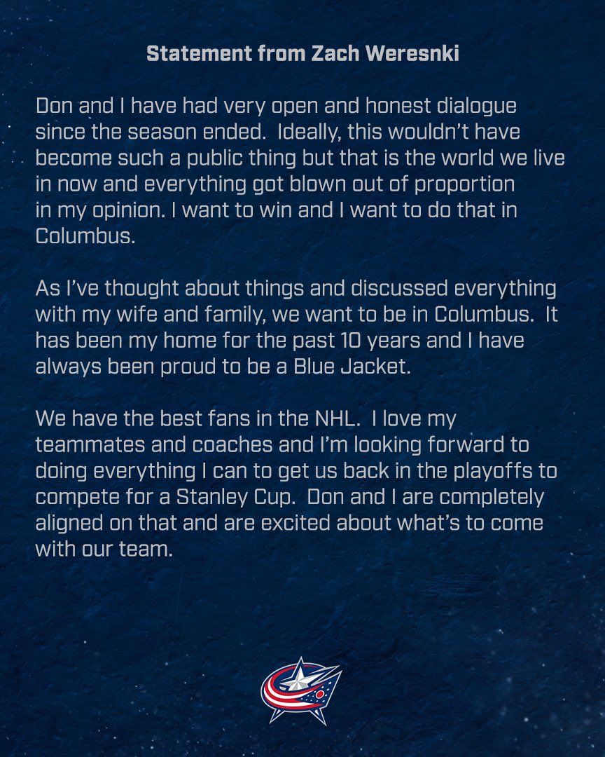 frank_seravalli's tweet photo. Statements from #CBJ GM Don Waddell and defenseman Zach Werenski: https://t.co/RsYfTuXqev