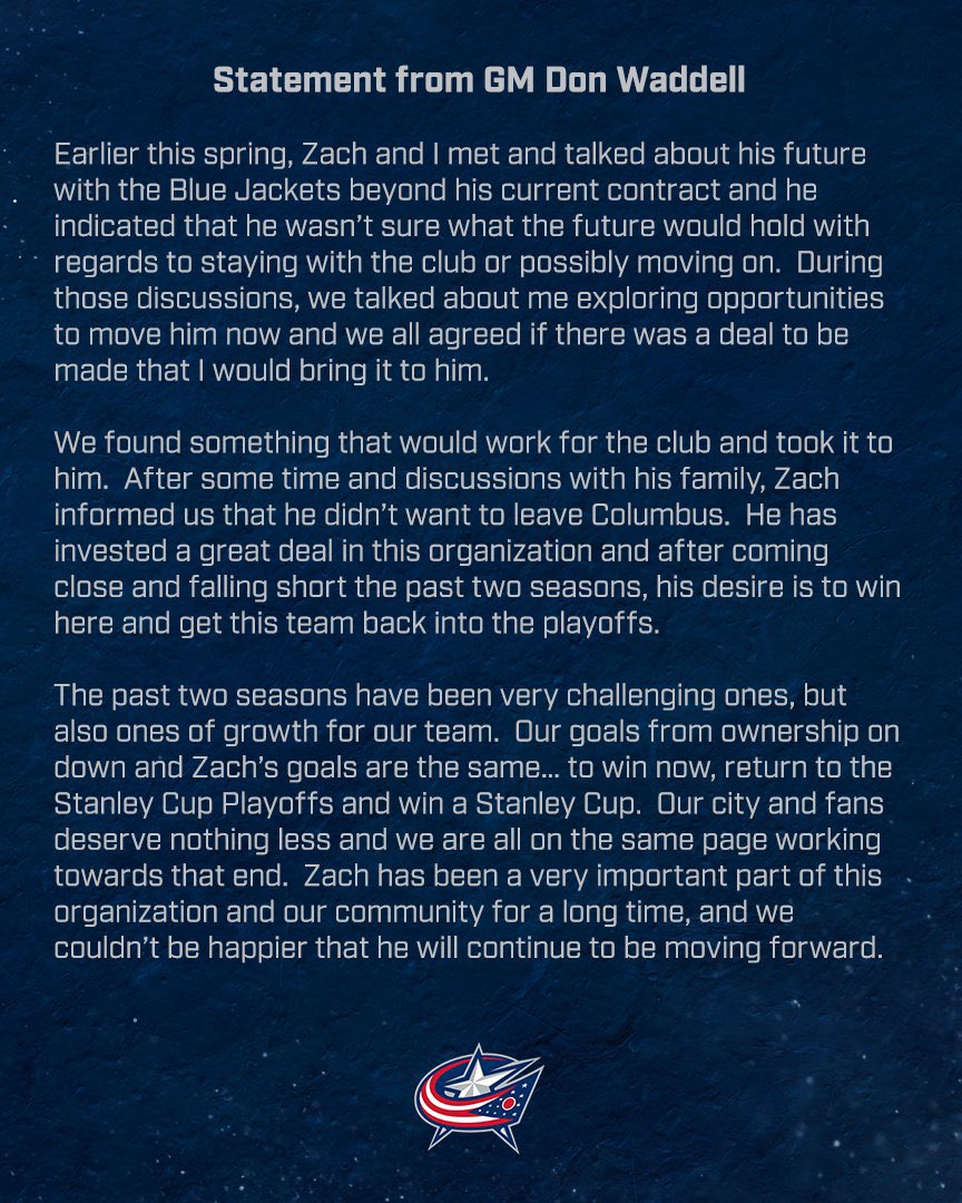 frank_seravalli's tweet photo. Statements from #CBJ GM Don Waddell and defenseman Zach Werenski: https://t.co/RsYfTuXqev