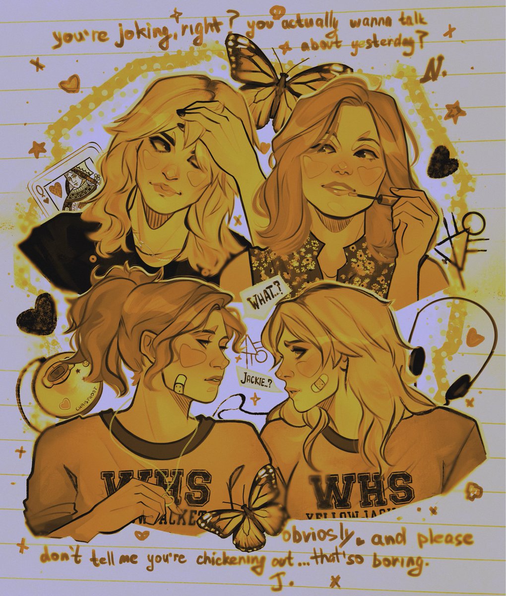 chrisfrootart's tweet photo. JACKIENAT | poster version 
🐝🌼✨

#jackienat #yellowjackets #jackietaylor #nataliescatorccio #wlw #fanart https://t.co/leIZzdajNI
