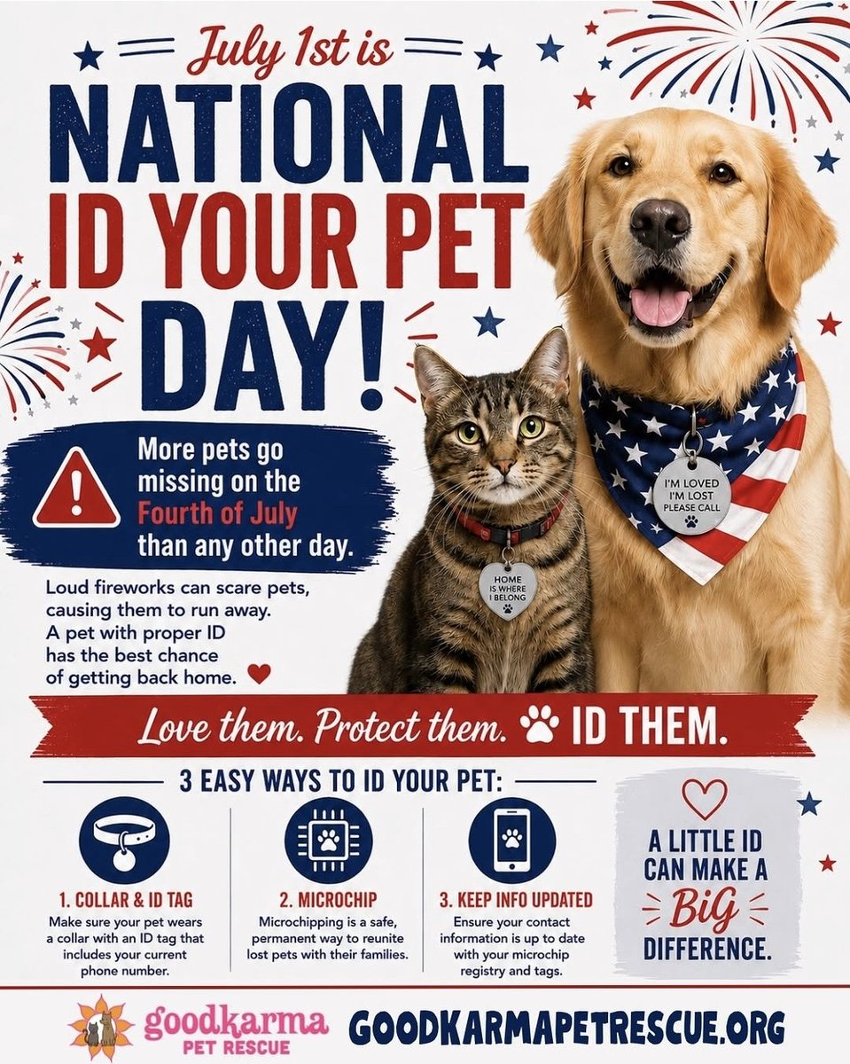 JCL_8005's tweet photo. 4th of July 🎆 and days prior/after - 
🐾 Keep pets indoors (not the time to let the dog in the yard)
🐾 Ensure your pet is wearing a collar AND A TAG!!
🐾 Reach out to your vet NOW for anti-anxiety meds, if necessary 
🐾 Use a harness when you walk your dog so that it cannot slip out of the collar in a fit of panic