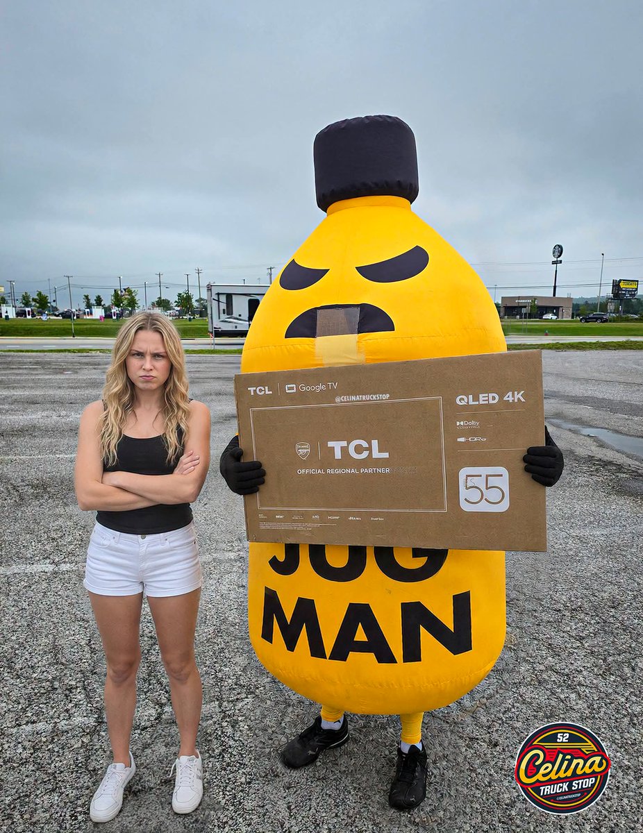 celinatruckstop's tweet photo. Congratulations to our mascot Piss Jugman for beating off Nevaeh Petty to find the most piss jugs in our parking lot in June. Piss recovered 29 jugs, while Nevaeh only discovered 17.

Piss was rewarded with a brand new 55" TV for his man cave, which is being paid for by garnishing Nevaeh's paycheck this week.