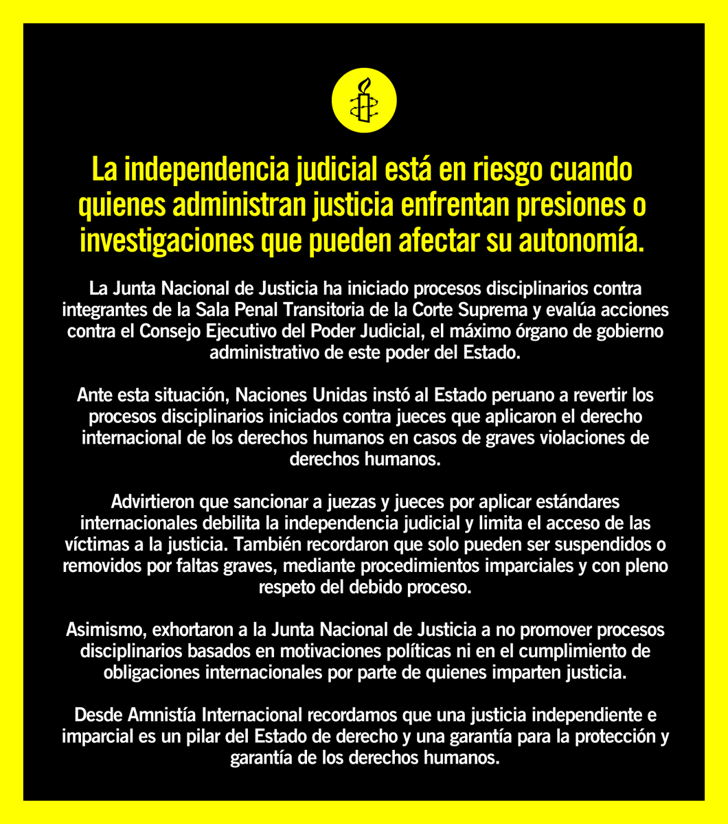amnistiaperu's tweet photo. La independencia judicial está en riesgo cuando quienes administran justicia enfrentan presiones o investigaciones que pueden afectar su autonomía. https://t.co/WpgTvV2KVV