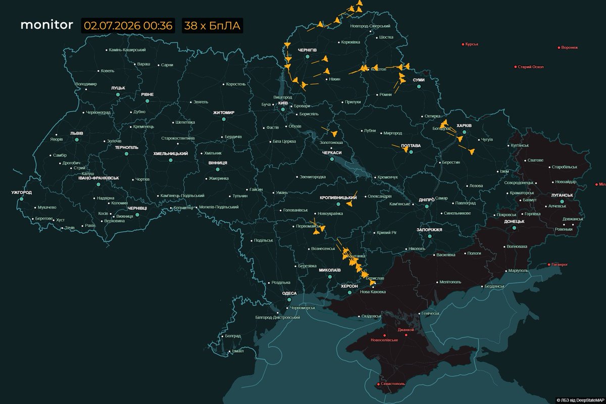 war_monitor_ua's tweet photo. Загальна ситуація:
⚠️ Ударні БпЛА, в основному реактивні з Брянщини на Чернігівщині.
⚠️ Групи БпЛА повз Снігурівку у напрямку Кіровоградщини.

00:38 02.07.26 https://t.co/UDosjUlOBX