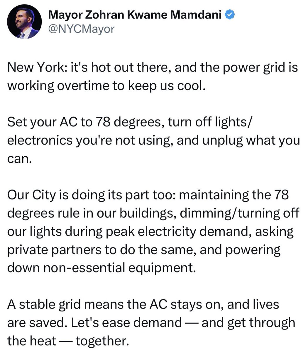 theblaze's tweet photo. Import the third world, become the third world: Mamdani is now telling NYC residents to set their air conditioning to 78 DEGREES https://t.co/pR5hPtib3K