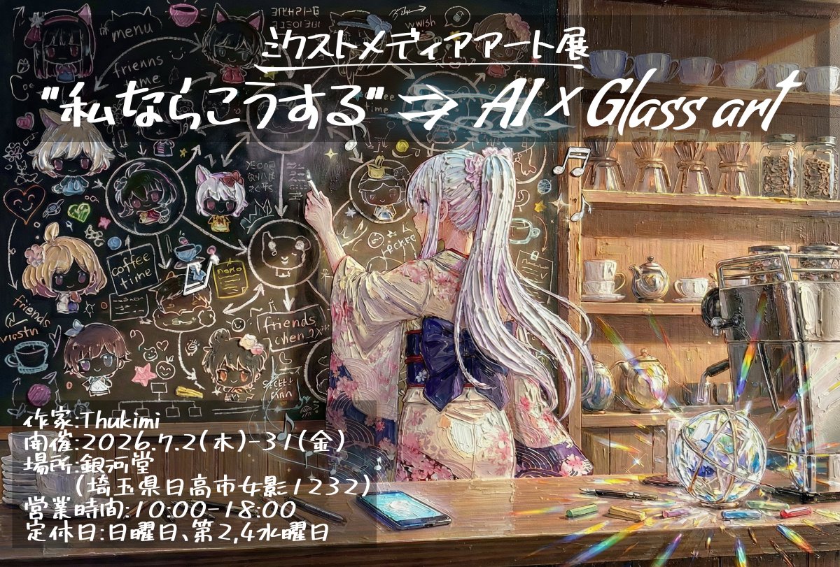 Thukimi_teatime's tweet photo. ツキミさんの初個展、開始しました！
AI×グラスアート作品の展示を行います♪  

期間：2026年7月2日(木)-31日(金) 
場所：銀河堂(埼玉県日高市女影1232) @gingado1232 
営業時間：10:00-18:00  

毎週土曜日は作者在廊します！ 
7月中は常設なので、お時間あるときに遊びにいらしてください(*'▽') https://t.co/DkLpZMmWhQ
