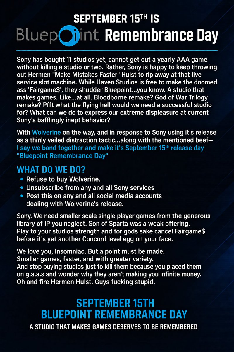 GameCrashPlus's tweet photo. BTW if Bluepoint Remembrance Day wasn't a reason enough to cancel PS+ or not buy Wolverine...cancel away boycott I won't stop you. https://t.co/LOYFCgQCMS