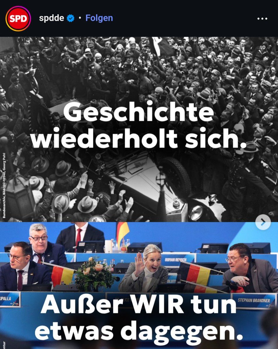 ben_brechtken's tweet photo. Die SPD ist eine vollkommen geist- und geschichtslose Partei. Setzt AfD und NSDAP gleich und beruft sich in dem Kontext auf ein Gutachten, das eben KEINE Wesensverwandtschaft der Partei mit dem NS feststellen konnte.

Eine Frage hätte ich dann aber noch, liebe @spdde: Wenn sich Geschichte wirklich wiederholt, wann stimmt ihr dann im Reichstag zusammen mit der AfD ab, so wie ihr es damals auch mit der NSDAP getan habt?