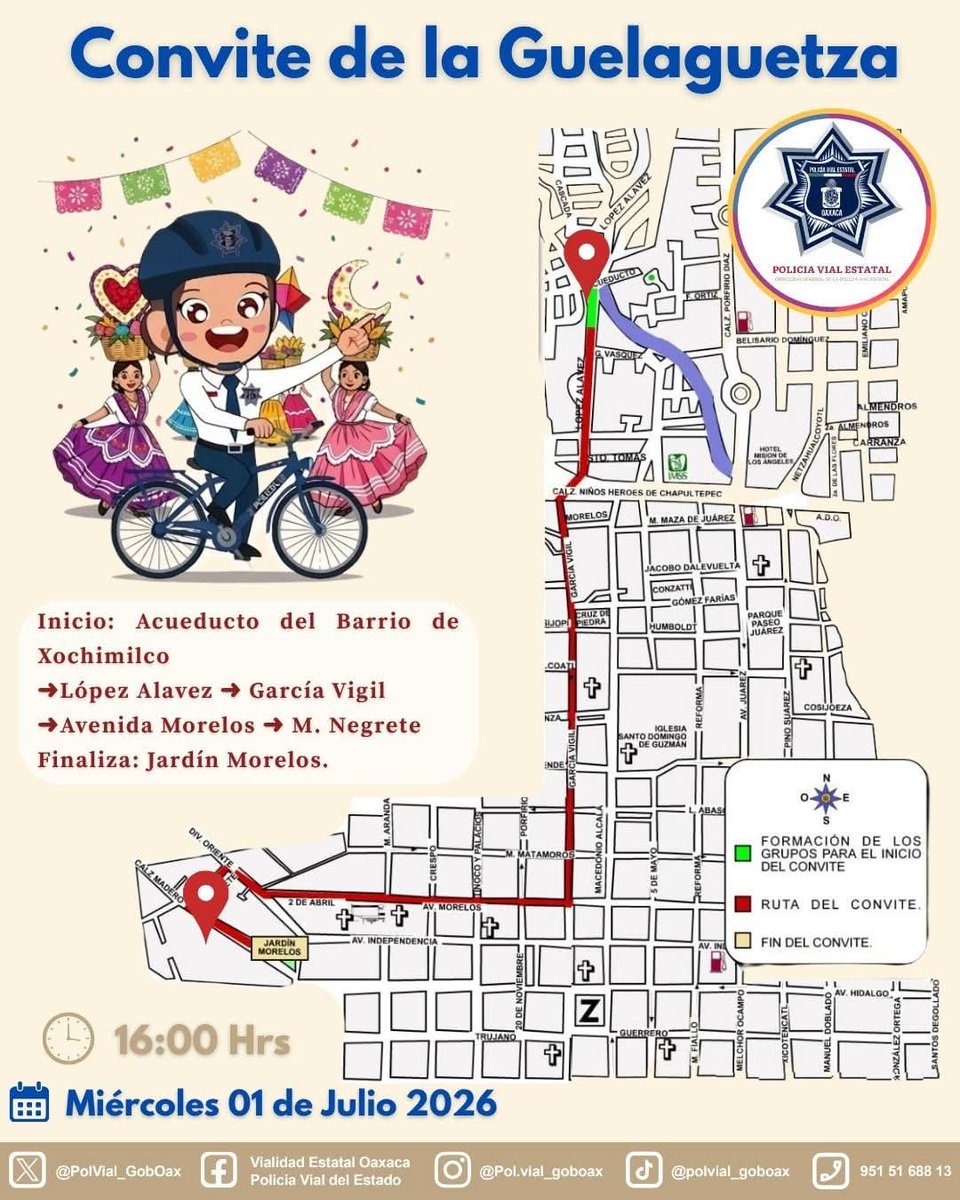 santosf1101's tweet photo. Les compartimos la ruta del Primer Convite de la #Guelaguetza2026 que saldrá del Acueducto del Barrio de Xochimilco hoy a las 16:00 horas y culminará en el Jardín Morelos. 
Se habilitará un dispositivo de seguridad vial para guiar a las personas conductoras a las rutas alternas. https://t.co/MAImn5WOWZ