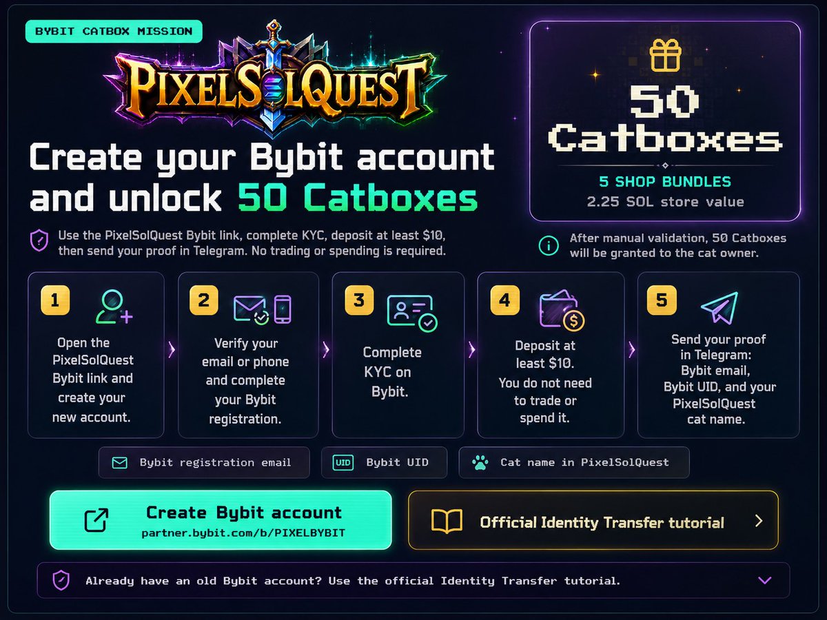 PixelSolQuest's tweet photo. 🚨 PixelSolQuest x Bybit Mission

Create a new Bybit account with our link, complete KYC and deposit at least $10 to unlock 50 Catboxes for FREE.

No trading. No spending.

Join here:
https://t.co/xJT9WQ4LLr

Then send your Bybit email, UID and cat name in Telegram. https://t.co/QVXk4M8jik