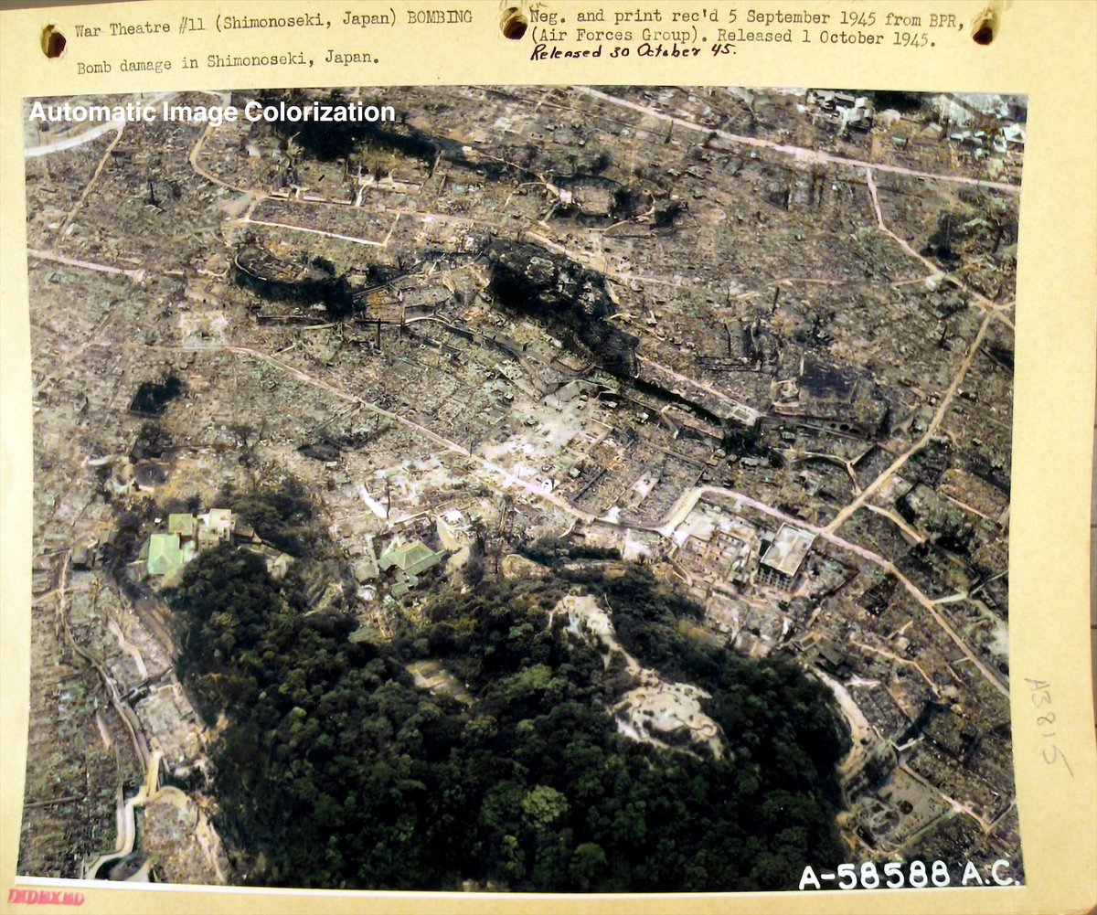 hwtnv's tweet photo. 81年前の今日。1945年7月2日，下関空襲。143機のB29の爆撃により，死者324人・罹災人口38,700人・罹災家屋8,600戸。6月29日に続く二度目の空襲だった。アメリカ軍が撮影した写真をカラー化したもの。 https://t.co/PRNOVRe9tx