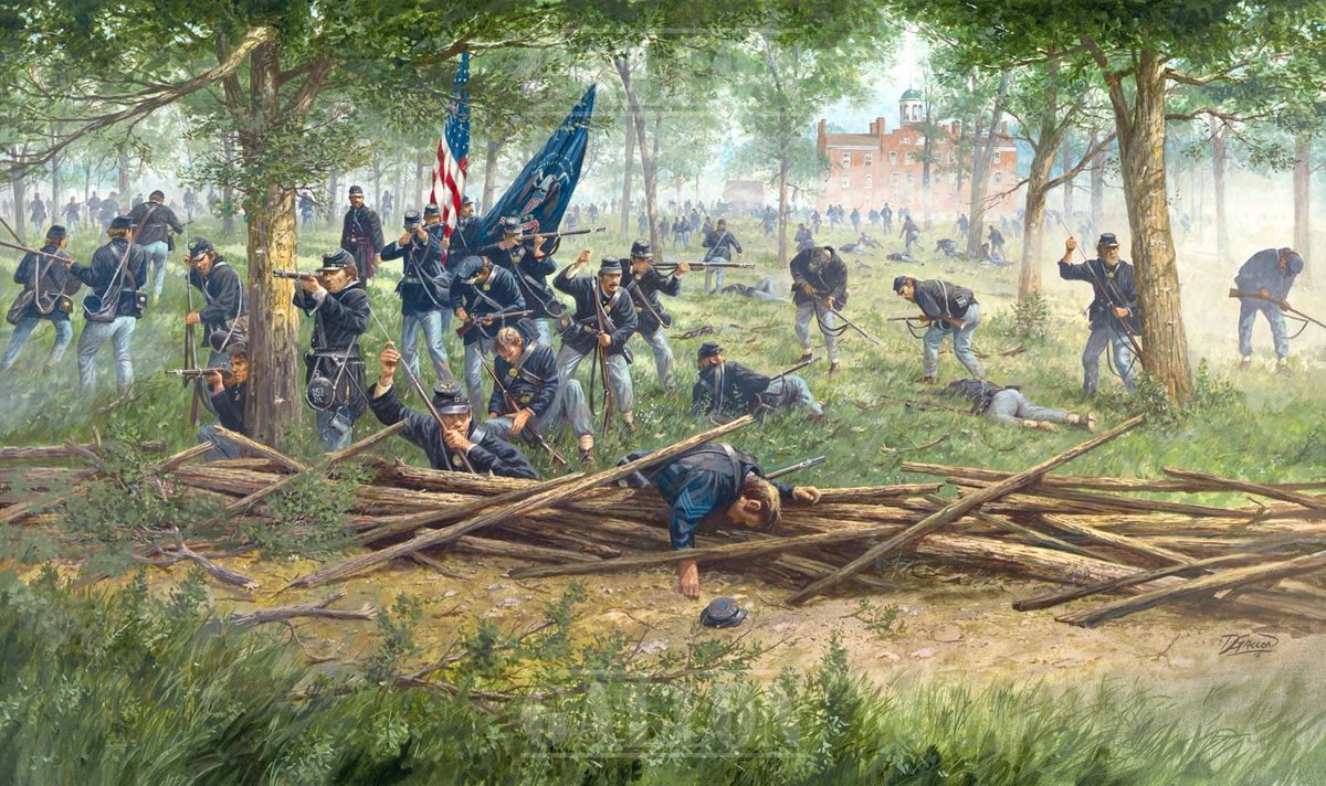 UpGoons's tweet photo. “Like ripe apples in a storm.”
-
While you’ve probably heard of the exploits of the 20th Maine or the Iron Brigade at Gettysburg, you probably haven’t heard of the 151st Pennsylvania until today.
-
Most of these men had just enlisted in late 1862. Many of them came from the farmland of the Pennsylvania Dutch country of Berks County and the coal region of Schuylkill County (not all of them were school teachers) and found themselves, for the first time, in the maelstrom of battle.  
-
They found themselves thrust in to plug a gap as the rest of their brigade crumbled to their left and the Iron Brigade withdrew to their right. They held as the 26th North Carolina closed the distance and exchanged volleys at 20 yards or less, buying precious time for their comrades to reach the Seminary.
-
They held as long as they could before the 11th Carolina threatened their flank, and they fell back to rejoin the rest of the 1st Corps at the Seminary. More than half of the regiment had fallen by this point. They rallied behind a split rail fence defensive position constructed earlier that day. 
-
A fresh wave of South Carolinians moved through their beleaguered comrades from North Carolina picking up the assault. The 1st Corps held as long as possible at the Seminary before streaming back through the town to Cemetery Hill, the 151st one of the last to go, the Confederates in pursuit. The 151st’s Commanding Officer LtCol McFarland was wounded here and captured and remained at the Seminary until September of 1863 recuperating after the loss of his left leg, along with many others.
-
That evening 92 men of the 467 that went in to battle were accounted for on Cemetery Hill. Through the night the count rose to 113. 72% casualties, the second highest loss of any Union regiment at Gettysburg. But they weren’t don’t yet. Held just behind the center of the Union line on July 3, the regiment helped repulse Longstreet’s Assault. 
-
There are so many incredible acts of valor that have gone untold for so long. While Gettysburg is a great movie, it is based on a novel that only covers certain characters and portions of the storyline.