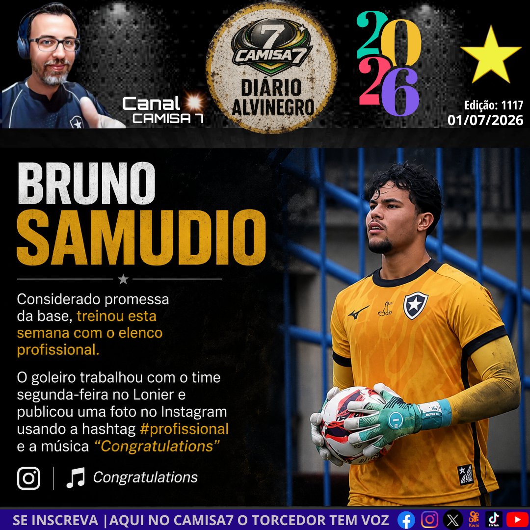 Camisa7Glorioso's tweet photo. Considerado promessa da base do Botafogo, Bruninho Samudio treinou esta semana com o elenco profissional. O goleiro trabalhou com o time segunda-feira no Lonier e publicou uma foto no Instagram usando a hashtag #profissional e a música “Congratulations” https://t.co/Flti6ZK6pW