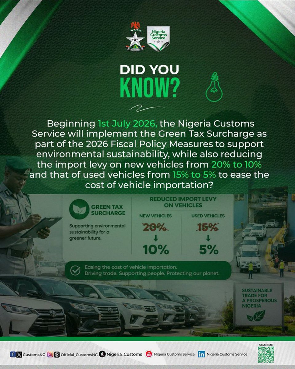 dnalliance01's tweet photo. Beginning 1st July 2026, the Nigeria Customs Service will implement the Green Tax Surcharge as part of the 2026 Fiscal Policy Measures to support environmental sustainability, while also reducing the import levy on new vehicles from 20% to 10% https://t.co/Agj7A6am7h