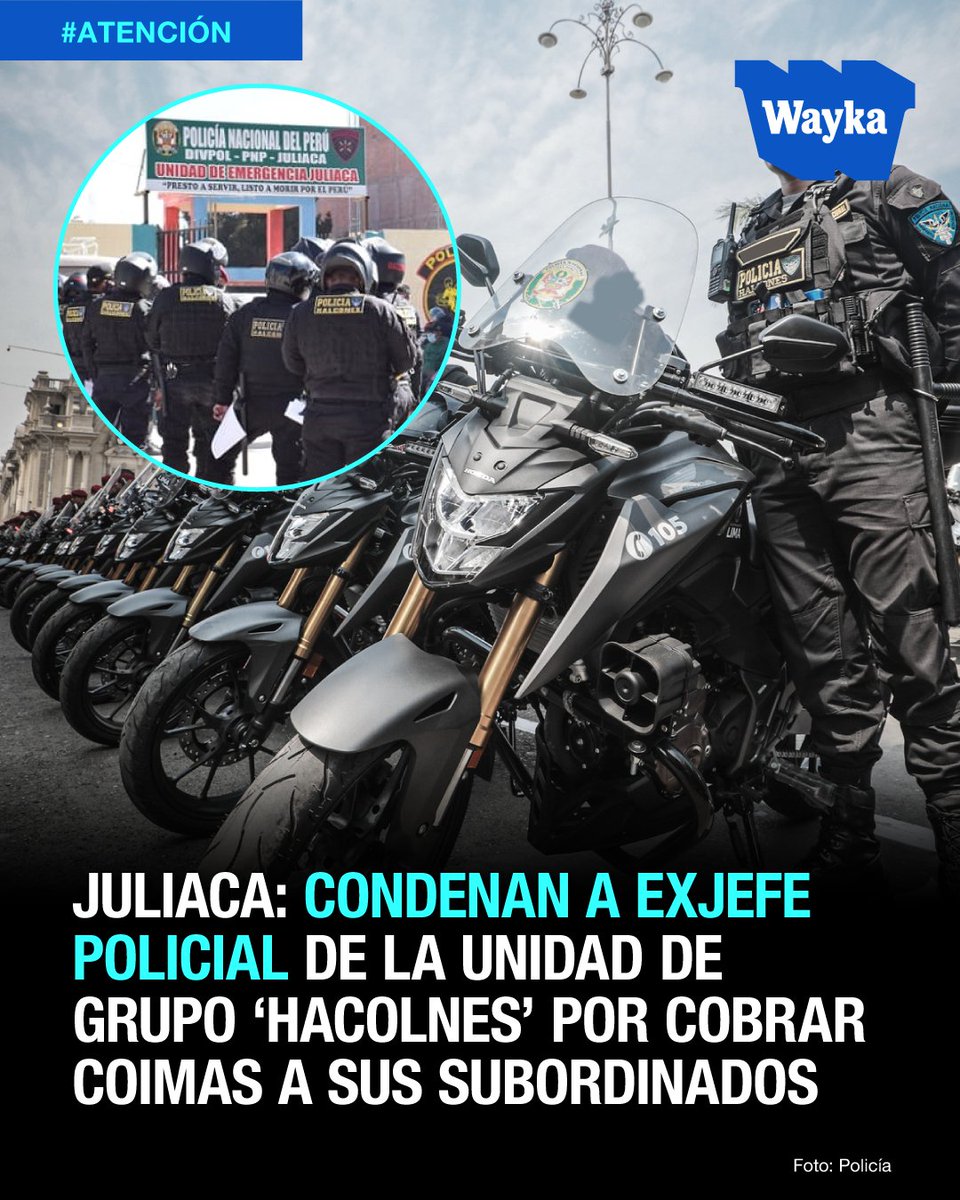 WaykaPeru's tweet photo. Para ser parte de la resistencia informativa, sigue el enlace en el primer comentario.

#Atención | 📌El Poder Judicial ordenó seis años de prisión para José Gutiérrez, exjefe del grupo "Halcones", de la Unidad de Emergencia de la Policía en Juliaca, Puno.

Gutiérrez cobraba cupos ilegales de S/200 y S/50 a efectivos policiales bajo su mando a cambio de no reportar presuntas infracciones ante la Inspectoria General de la Policía.

La condena, que también abarca el pago de S/10 mil como reparación civil a favor del Estado, quedará suspendida hasta que sea confirmada en segunda instancia.