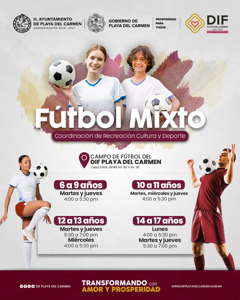 DIFPDC's tweet photo. Desde el DIF Playa del Carmen promovemos espacios que impulsan la sana convivencia, el trabajo en equipo y el desarrollo físico.

📍 Campo de fútbol del DIF Playa del Carmen
(Calle 8 Nte. entre Av. 30 y Av. 35)

#DIFPlayaDelCarmen #AmorYProsperidad https://t.co/cQhb40DFnB
