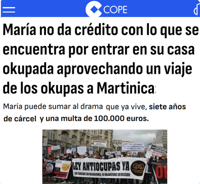 CCivicaCatalana's tweet photo. -Unos okupas supuestamente vulnerables se van de vacaciones a Martinica, en el Caribe.

-La propietaria, María, se entera y logra entrar en su vivienda.

-Denuncian a María por entrar en su casa sin el permiso de los okupas. Le podrían caer 7 años de cárcel.

Repugnantes leyes. https://t.co/5rarmPSaLh