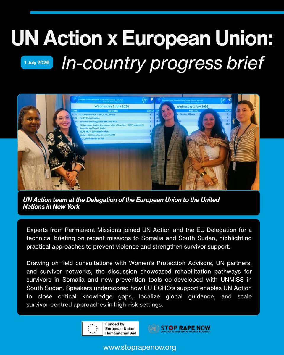 UNAction's tweet photo. EU and UN Action are putting prevention into practice — from survivor rehabilitation in Somalia to prevention tools in South Sudan, powered by EU ECHO support.

#EndRapeInWar #SGBV #CRSV #WomenPeaceSecurity https://t.co/cE16ImAOVU