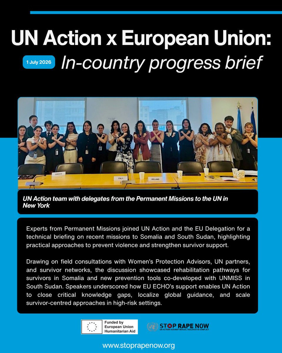 UNAction's tweet photo. EU and UN Action are putting prevention into practice — from survivor rehabilitation in Somalia to prevention tools in South Sudan, powered by EU ECHO support.

#EndRapeInWar #SGBV #CRSV #WomenPeaceSecurity https://t.co/cE16ImAOVU