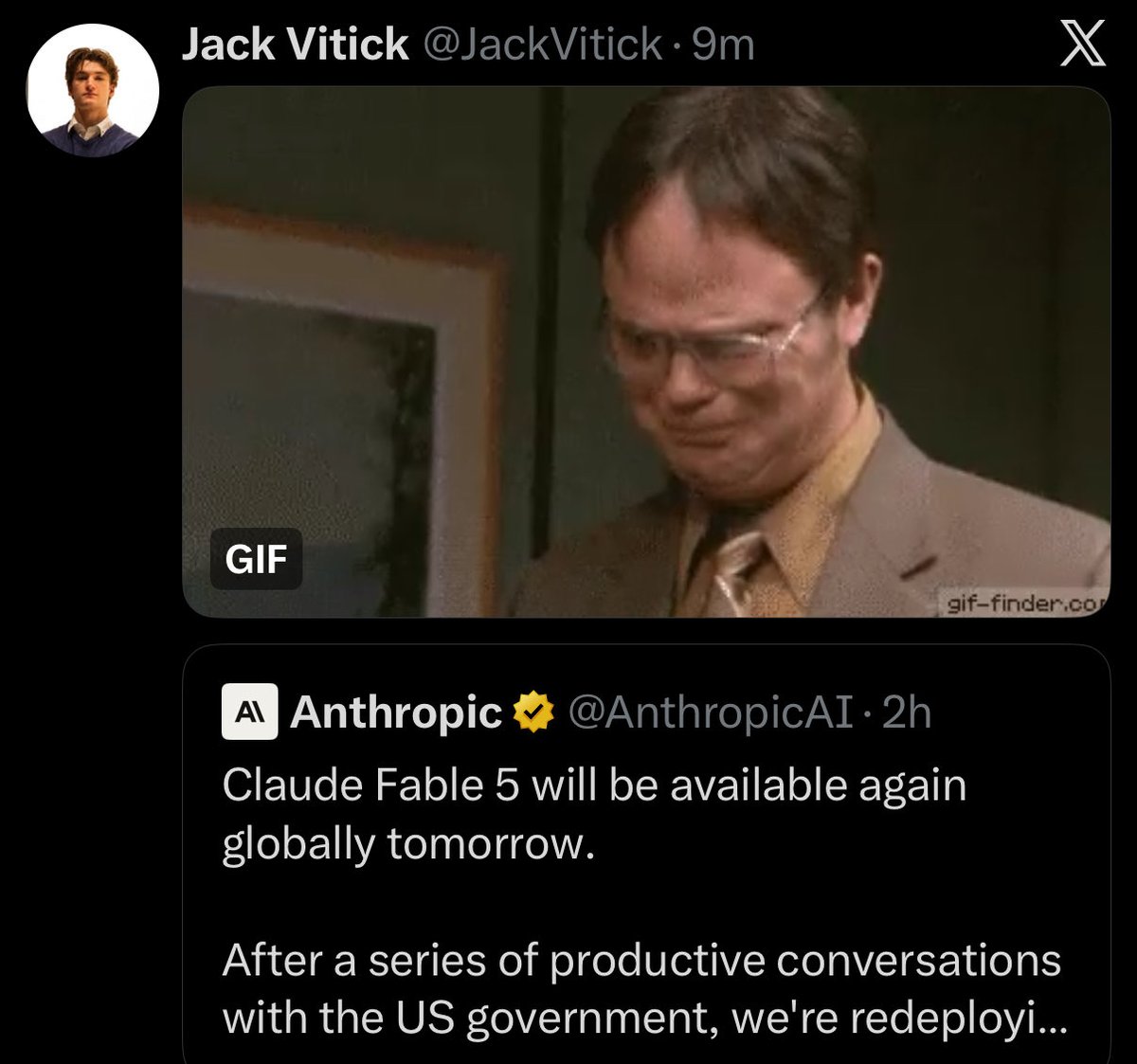 JackVitick's tweet photo. So Fable 5 gets released

People using claude to build their business complain about usage AGAIN

publicly tweet and complain

But they themselves would have a panic attack if someone did the same thing to their business

The entitlement of vibe coders is unmatched… https://t.co/yptMM54Cf4